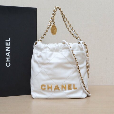 CHANEL 22BagTote托特包Mini20白色牛皮晶片開金扣肩背包