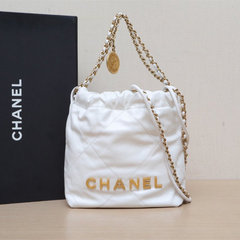 CHANEL 22BagTote托特包Mini20白色牛皮晶片開金扣肩背包-0