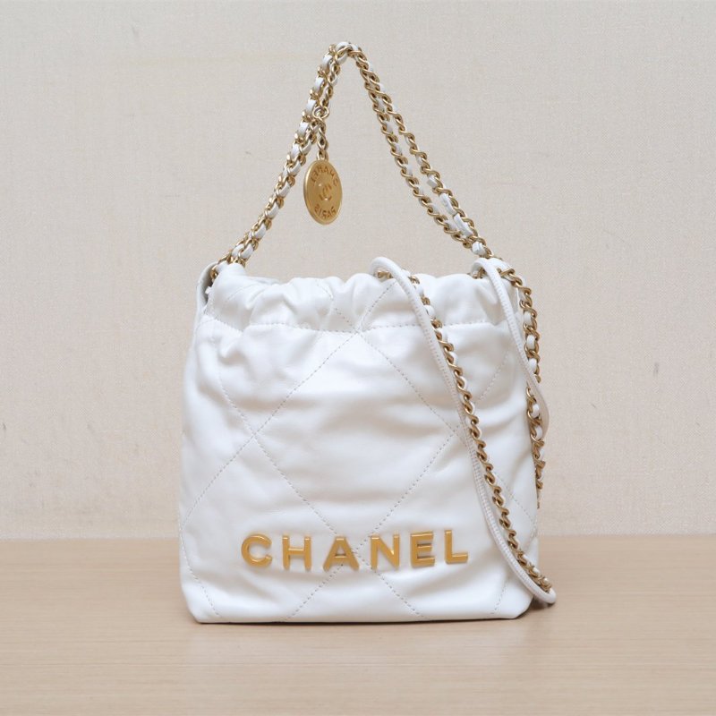 CHANEL 22BagTote托特包Mini20白色牛皮晶片開金扣肩背包-1