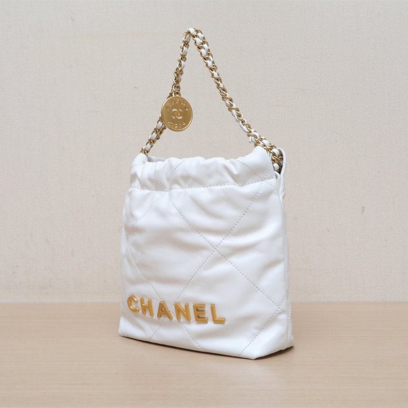 CHANEL 22BagTote托特包Mini20白色牛皮晶片開金扣肩背包-4