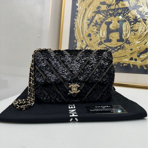 【99❤️】Chanel黑金亮片 V紋 cf大mini 單肩斜挎包