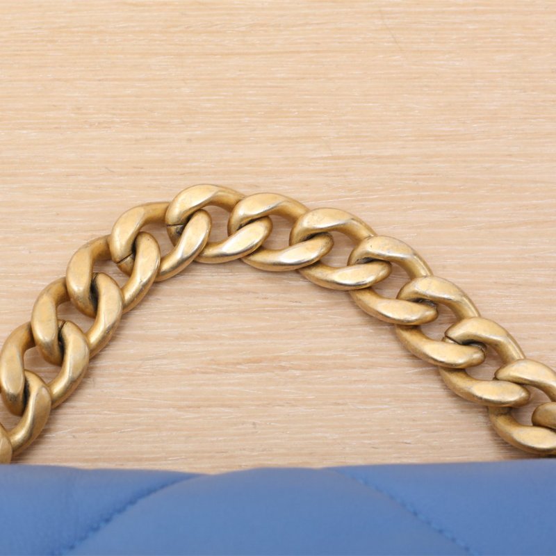 CHANEL 19BAG口蓋包小號26藍色羊皮29開金銀扣肩背包-2