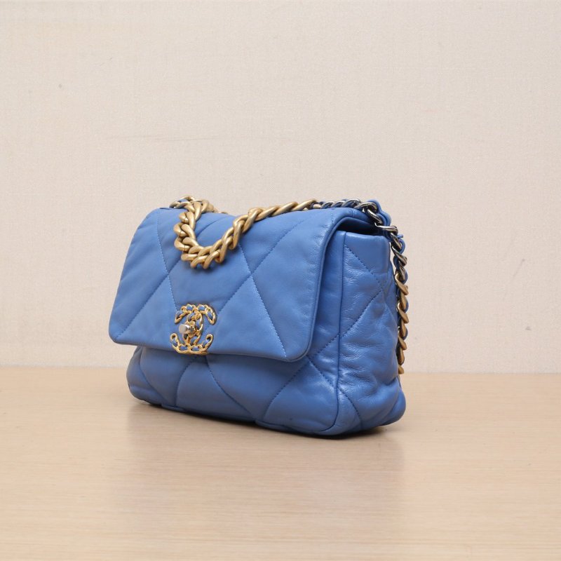 CHANEL 19BAG口蓋包小號26藍色羊皮29開金銀扣肩背包-4