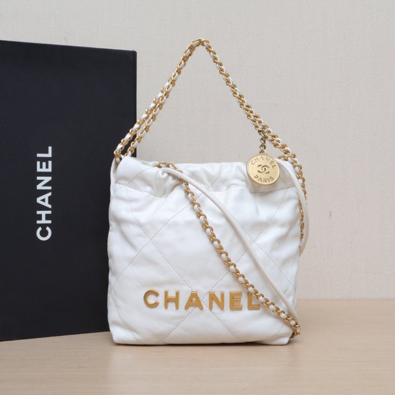 CHANEL 22BagTote托特包Mini20白色牛皮晶片開金扣肩背包-0