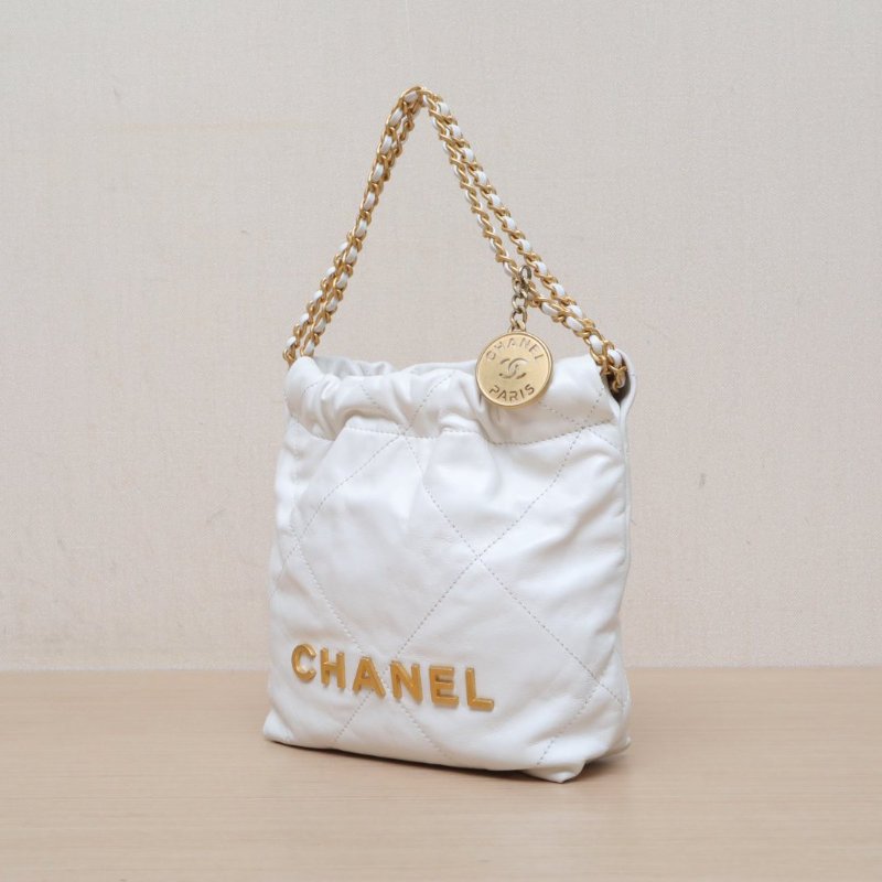 CHANEL 22BagTote托特包Mini20白色牛皮晶片開金扣肩背包-4