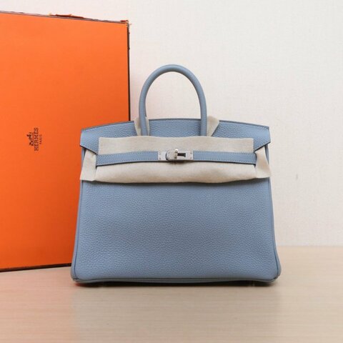 HERMES Birkin25J7亞麻藍Togo皮U刻銀扣肩背包