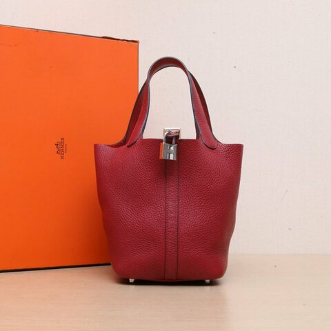 HERMES Picotin18菜籃子K1石榴紅TC皮Y刻銀扣肩背包