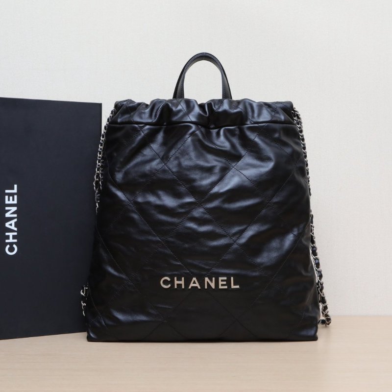 CHANEL 22Bag帶手柄雙肩包大號34黑色牛皮晶片開銀扣肩背包-0