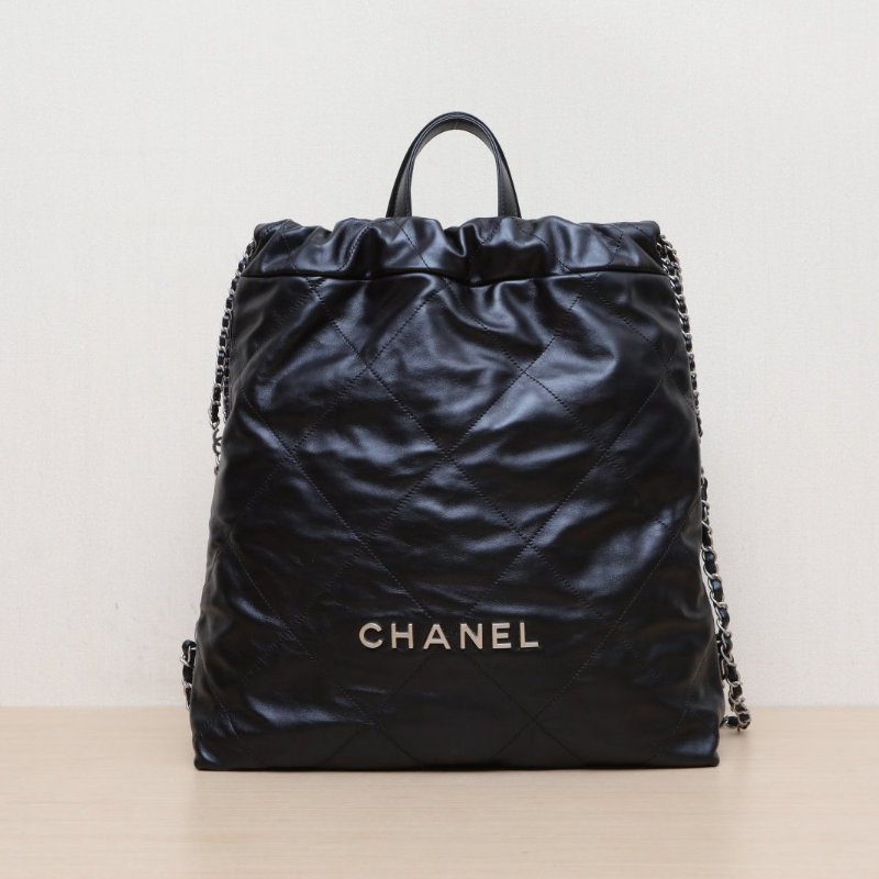 CHANEL 22Bag帶手柄雙肩包大號34黑色牛皮晶片開銀扣肩背包-1