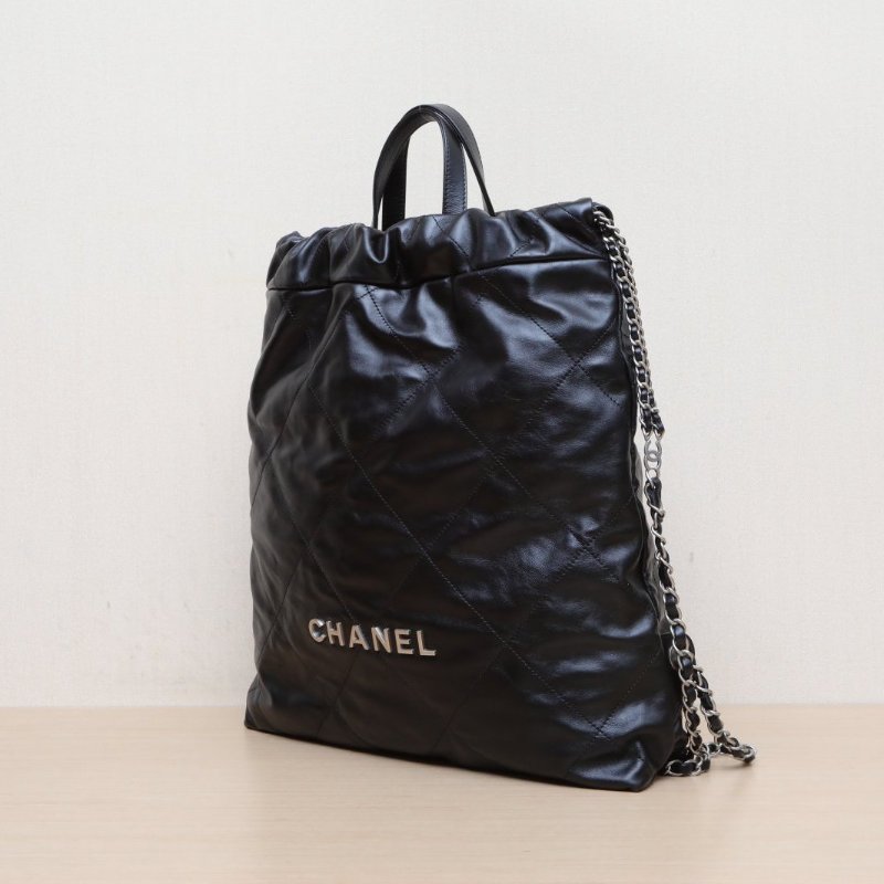 CHANEL 22Bag帶手柄雙肩包大號34黑色牛皮晶片開銀扣肩背包-4