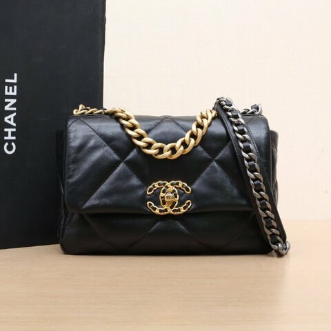 CHANEL 19BAG口蓋包小號26黑色羊皮29開金銀扣肩背包