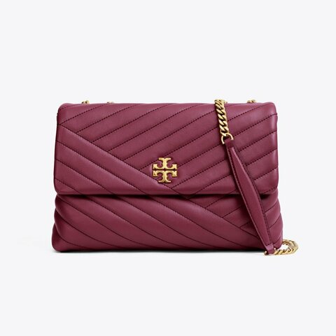 【TORY BURCH】斜紋衍縫翻蓋斜背包-酒紅色