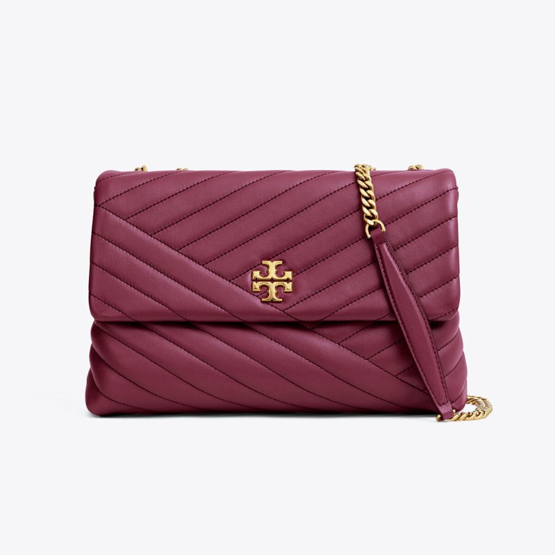【TORY BURCH】斜紋衍縫翻蓋斜背包-酒紅色-0