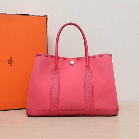 HERMES GardenParty花園包30S5番茄紅NEGONA皮/帆布框P銀扣肩背包