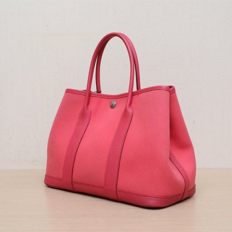 HERMES GardenParty花園包30S5番茄紅NEGONA皮/帆布框P銀扣肩背包-3