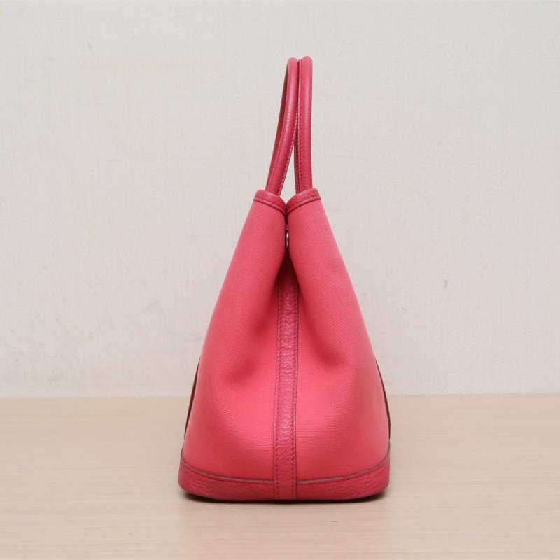 HERMES GardenParty花園包30S5番茄紅NEGONA皮/帆布框P銀扣肩背包-4