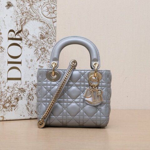 DIOR Lady戴妃包三格灰色羊皮金扣2014肩背包
