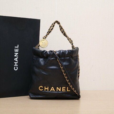 CHANEL 22BagTote托特包Mini20黑色牛皮晶片開金扣肩背包