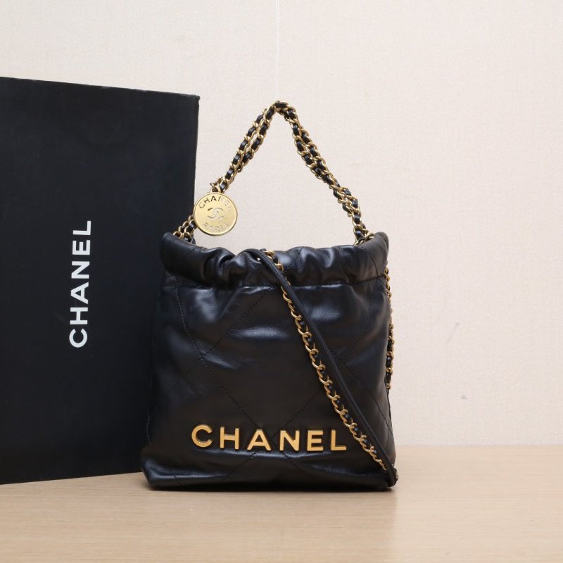 CHANEL 22BagTote托特包Mini20黑色牛皮晶片開金扣肩背包-0