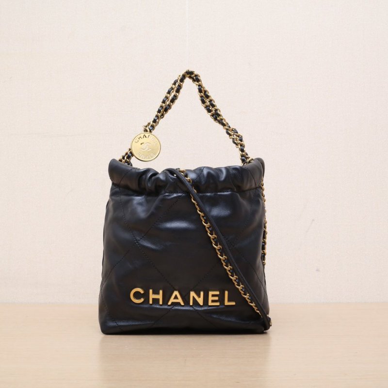 CHANEL 22BagTote托特包Mini20黑色牛皮晶片開金扣肩背包-1