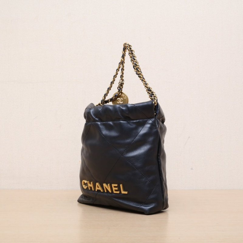 CHANEL 22BagTote托特包Mini20黑色牛皮晶片開金扣肩背包-4