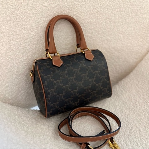 【全🆕】 Celine Boston small Triomphe 經典凱旋門老花滿印帆布拼牛皮革 波士頓包單肩斜挎手提包 小號 棕褐色