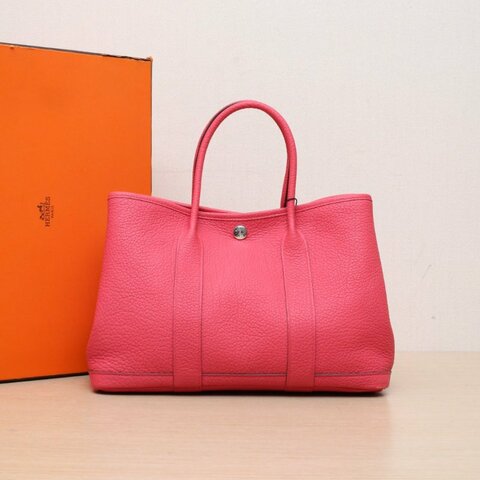 HERMES GardenParty花園包30A5杜鵑紅NEGONA皮C刻銀扣肩背包