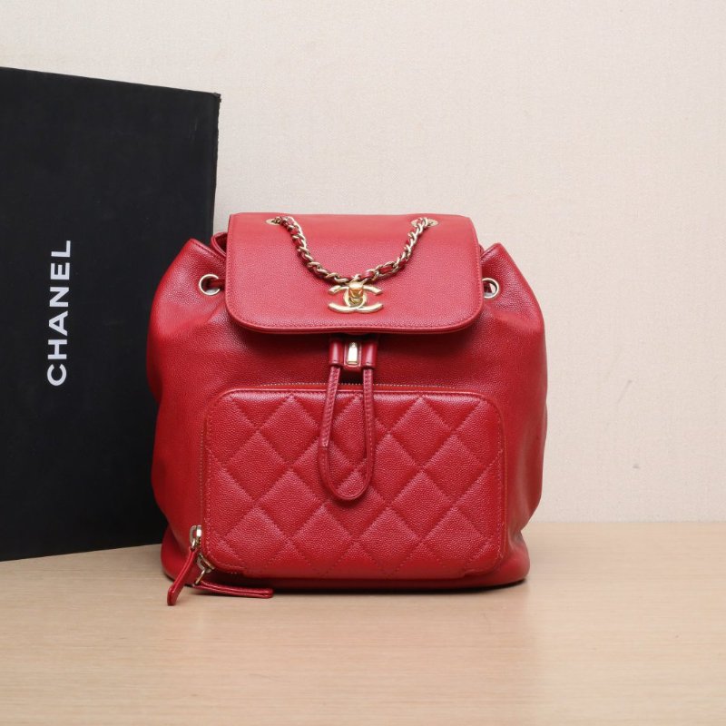 CHANEL Affinity雙肩包紅色荔枝牛皮23開金扣肩背包-0