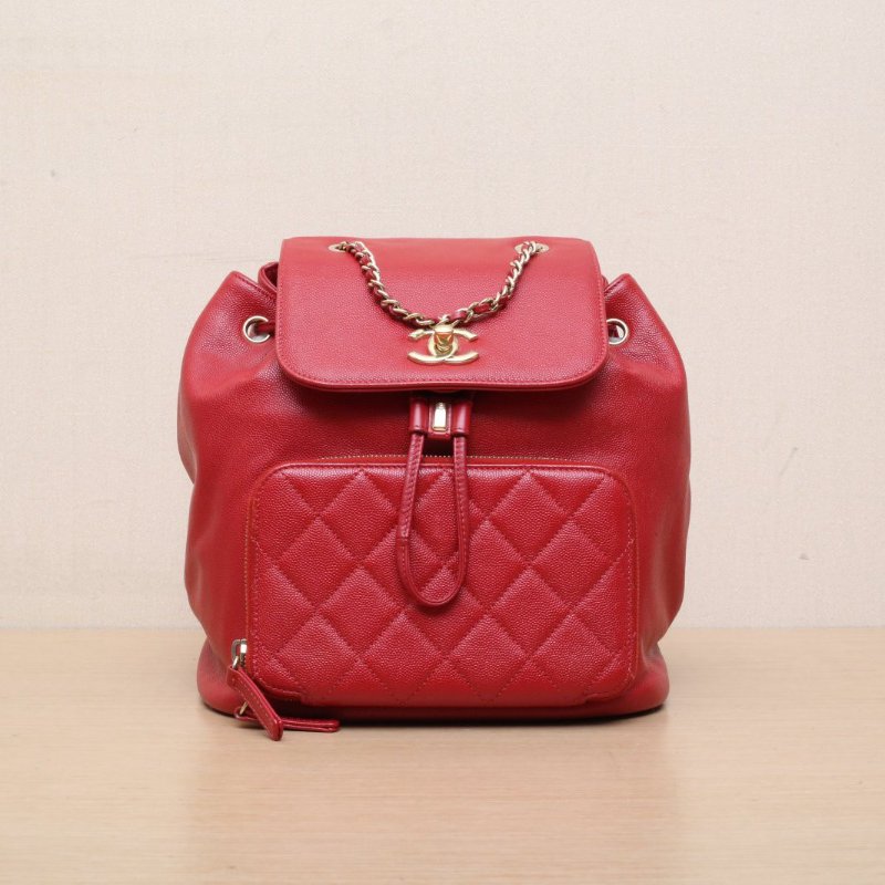 CHANEL Affinity雙肩包紅色荔枝牛皮23開金扣肩背包-1