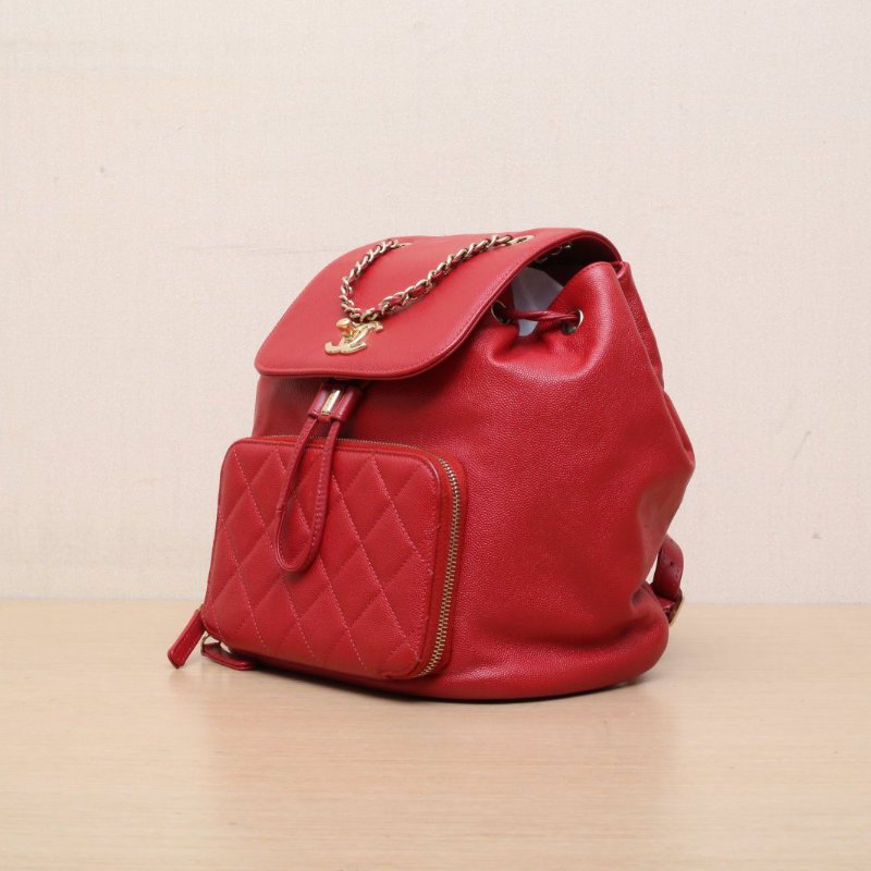 CHANEL Affinity雙肩包紅色荔枝牛皮23開金扣肩背包-3