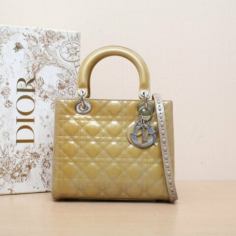 DIOR Lady戴妃包五格黃色漆皮銀扣2010肩背包