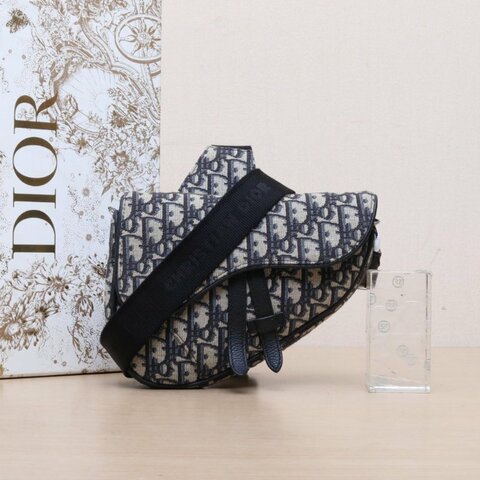DIOR SADDLE馬鞍胸包藍色帆布銀扣2022Oblique印花肩背包