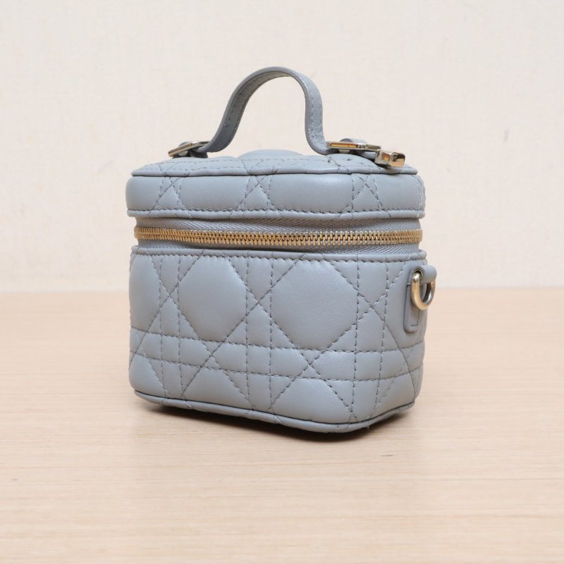 DIOR Lady戴妃Vanity化妝包超迷你11霧霾藍羊皮淺金扣2021藤格紋肩背包-3