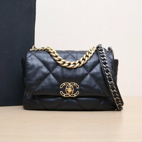 CHANEL 19BAG口蓋包小號26黑色羊皮30開金銀扣肩背包