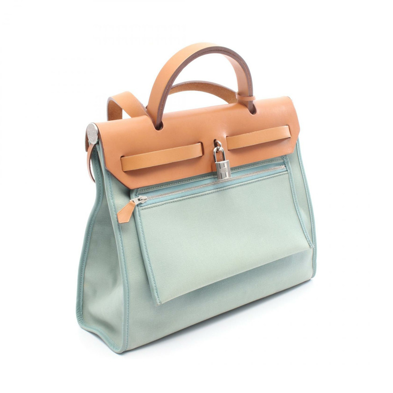 愛馬仕 Herbag Zip PM 單肩手提包，Toile officier 帆布皮革，綠色，二手-1