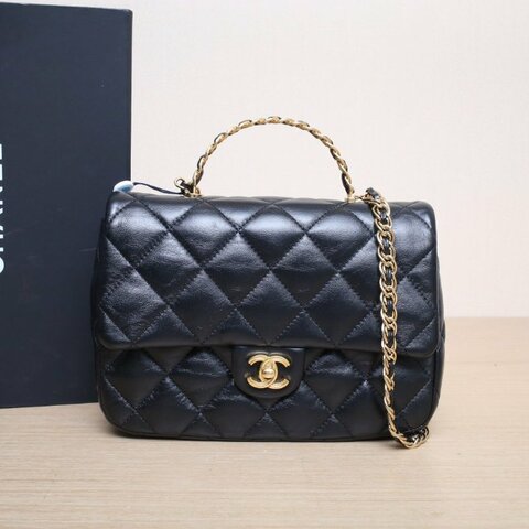 CHANEL 23SCF小號23黑色羊皮晶片開金扣雙圈皮穿鏈手柄肩背包