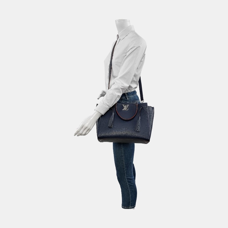 LOUIS VUITTON LOCKME 藍色牛皮流蘇單肩包手提包斜挎包 銀色五金 可拆卸肩帶 9.9新-1