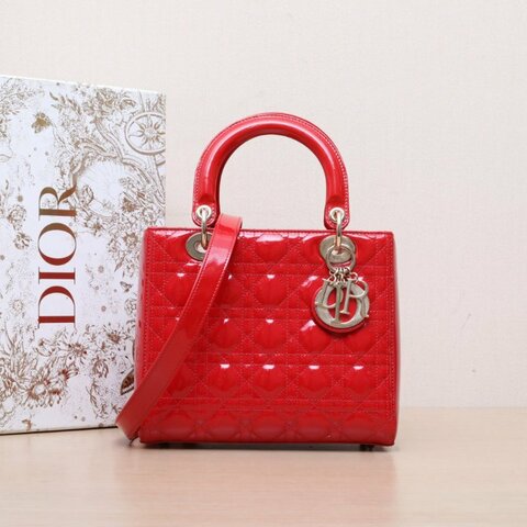 DIOR Lady戴妃包五格紅色漆皮金扣2016肩背包