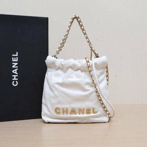CHANEL 22BagTote托特包Mini20白色牛皮晶片開金扣肩背包