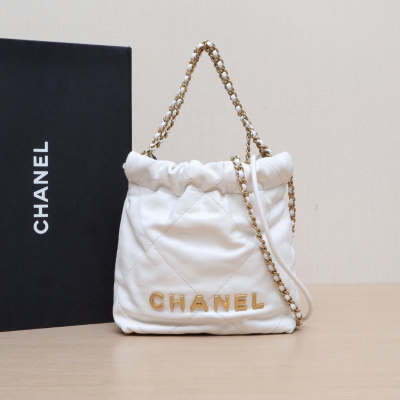 CHANEL 22BagTote托特包Mini20白色牛皮晶片開金扣肩背包-0