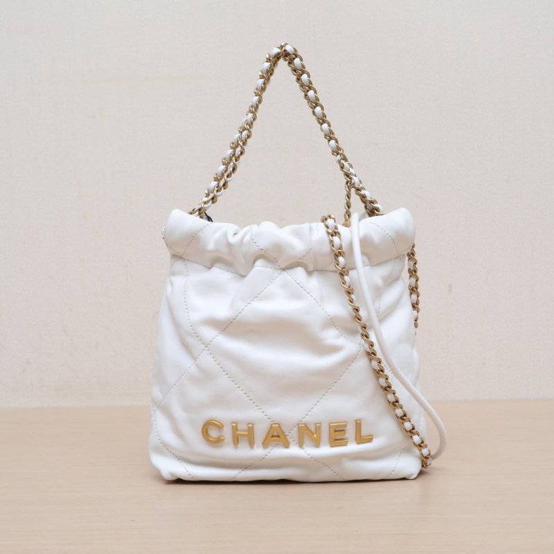 CHANEL 22BagTote托特包Mini20白色牛皮晶片開金扣肩背包-1