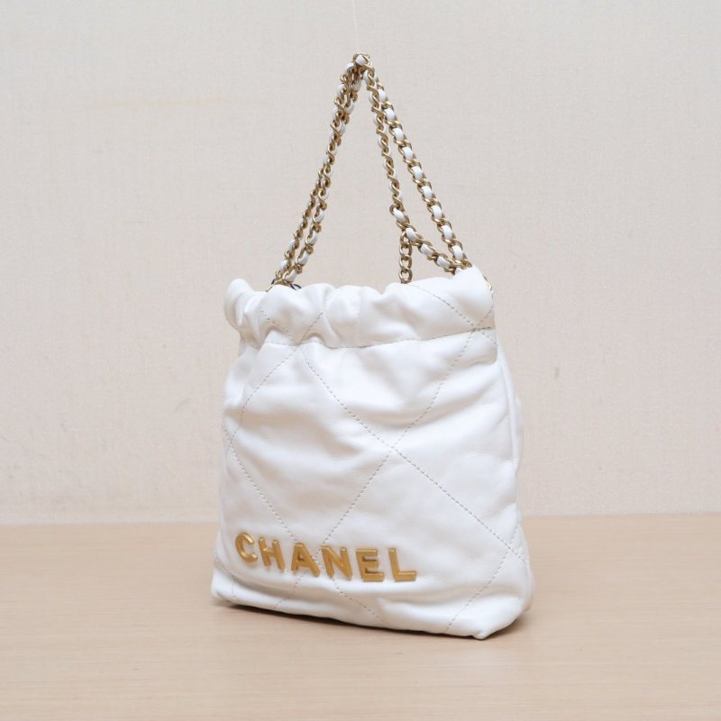CHANEL 22BagTote托特包Mini20白色牛皮晶片開金扣肩背包-3