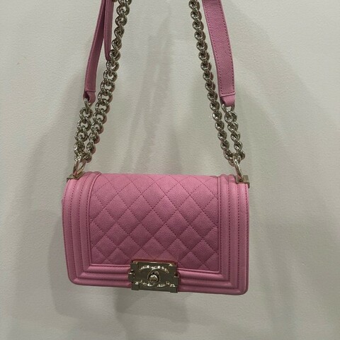 Chanel leboy小號金扣口蓋包 粉色荔枝紋牛皮 肩背包斜背包