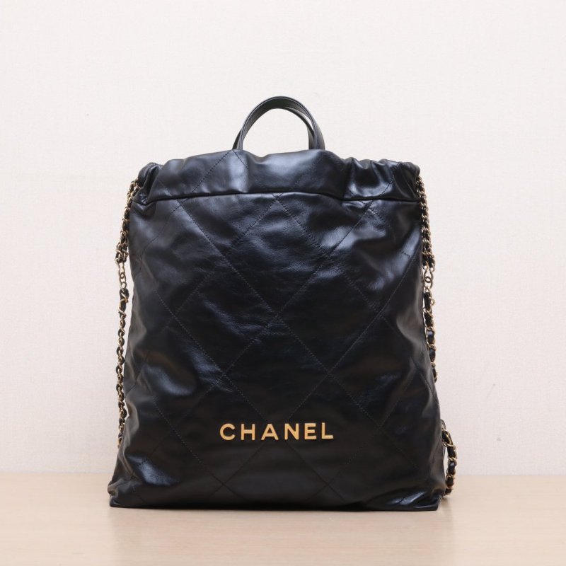 CHANEL 22Bag帶手柄雙肩包大號34黑色牛皮晶片開金扣肩背包-1