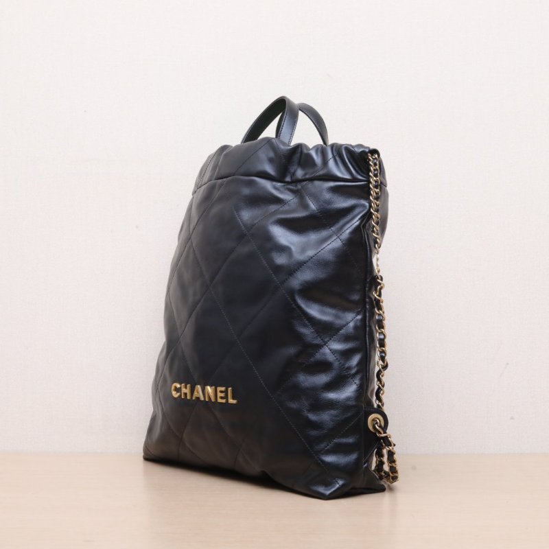 CHANEL 22Bag帶手柄雙肩包大號34黑色牛皮晶片開金扣肩背包-4