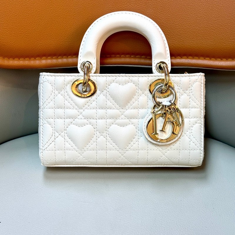 Dior/迪奧D-joy愛心橫版戴妃mini迷你白色羊皮金扣 單包無肩帶-0
