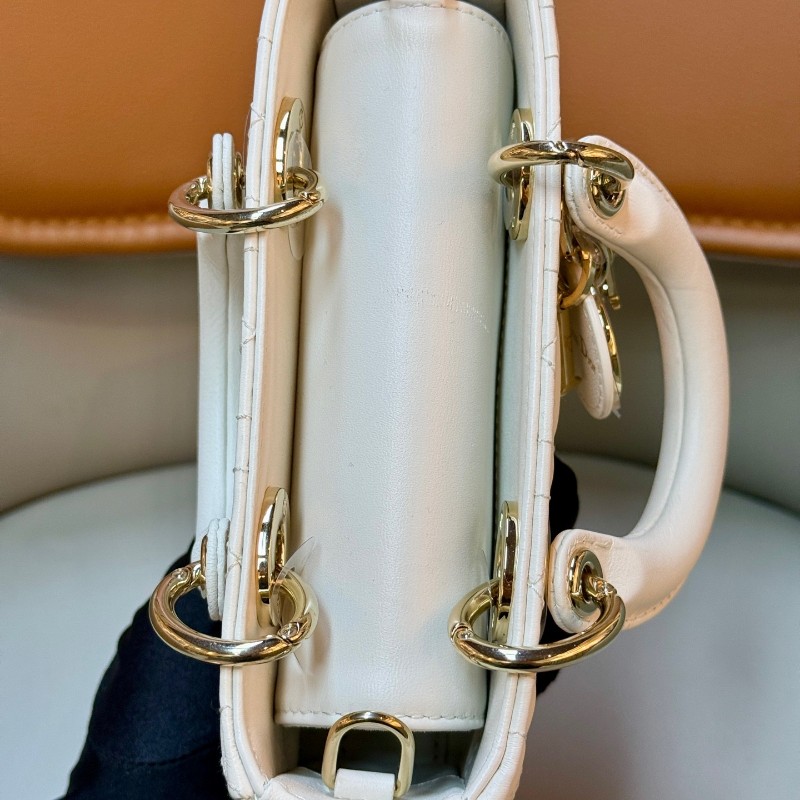 Dior/迪奧D-joy愛心橫版戴妃mini迷你白色羊皮金扣 單包無肩帶-6
