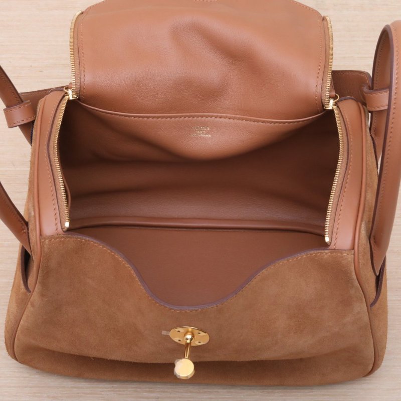 HERMES Lindy2637金棕色Swift皮/麂皮Z刻金扣肩背包-2