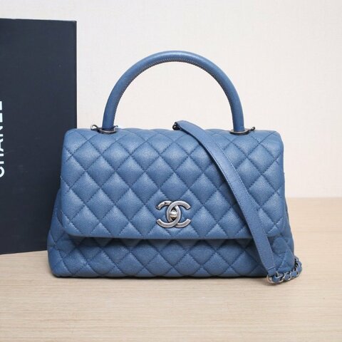 CHANEL CocoHandle中號29藍色荔枝牛皮23開銀扣肩背包