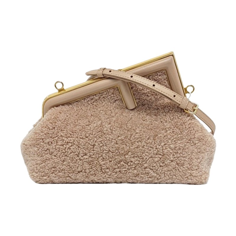 FENDI First 小號 淺粉色毛呢斜挎包 金色五金 可拆卸肩帶 9.9新-0